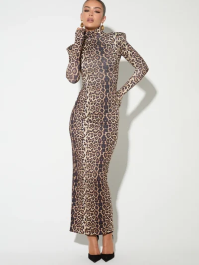 MAYNA Leopard Shoulder Pad Maxi Dress