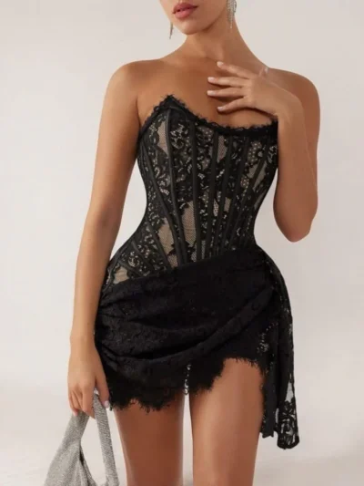 Black lace corset draped mini dress
