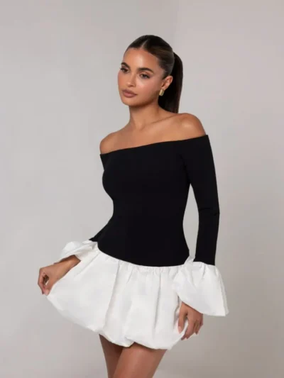 Black off the shoulder white puff sleeve mini dress