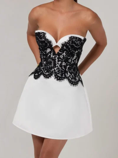 White strapless satin black lace a-line mini dress